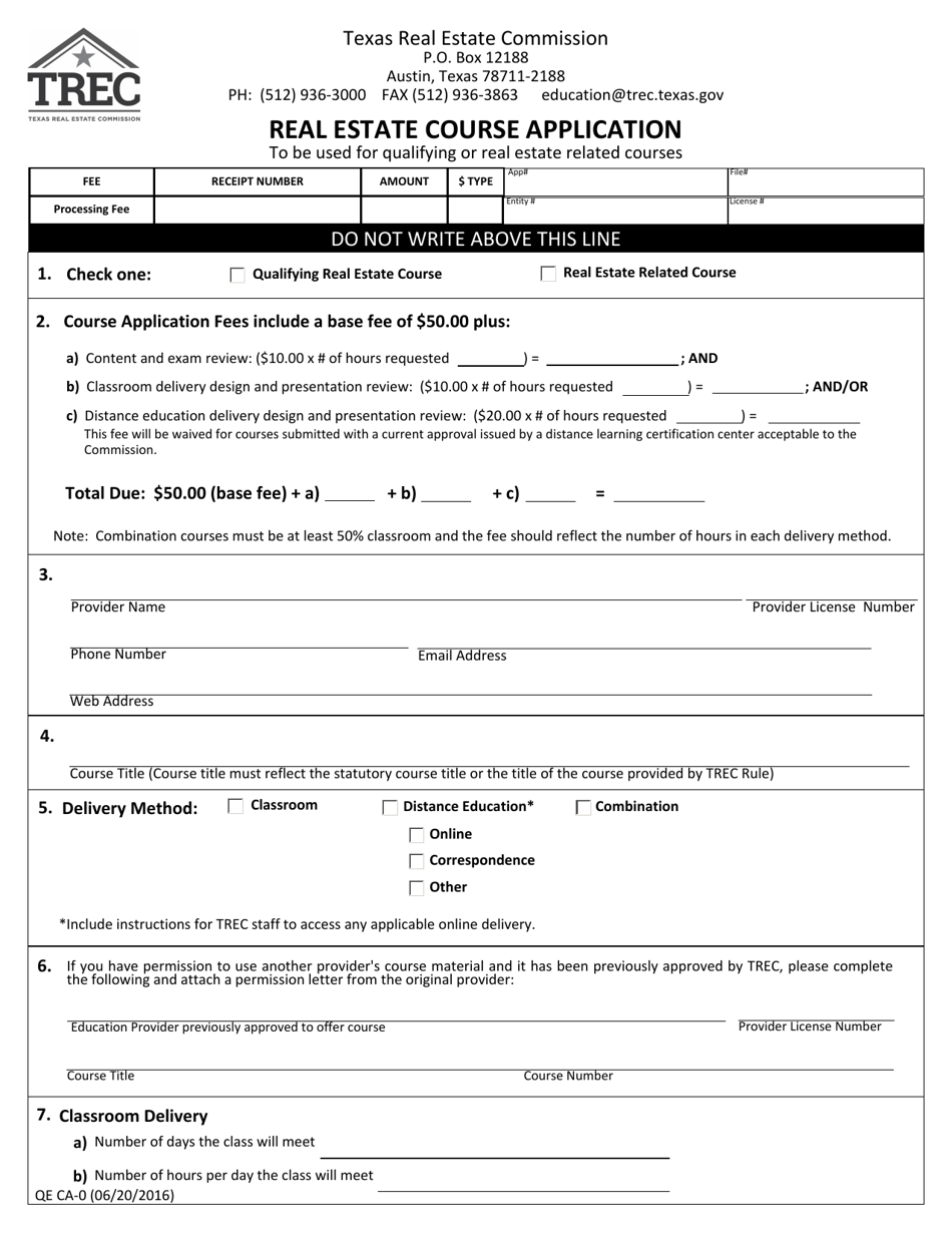 Form QE CA-0 Real Estate Course Application - Texas, Page 1