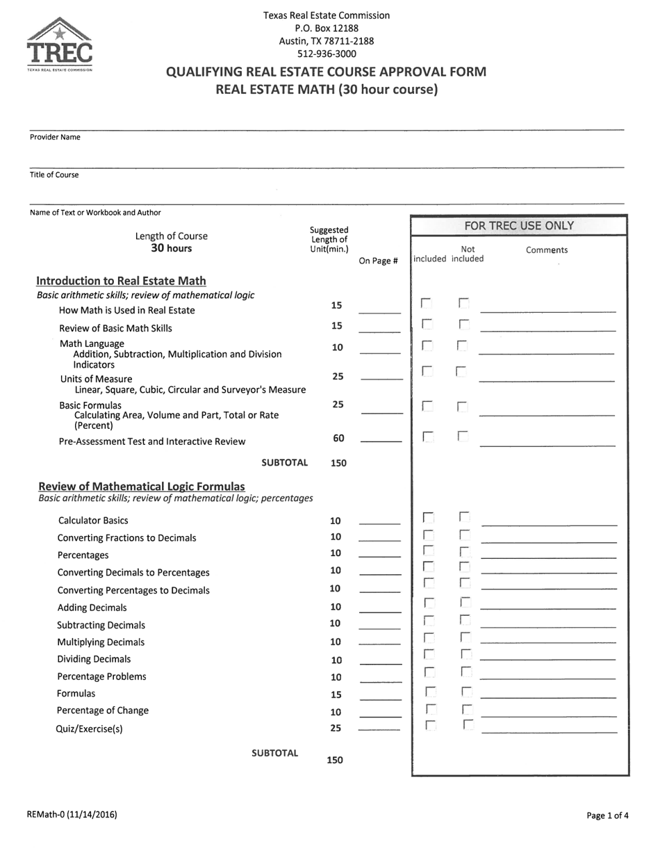 Form REMath-0 Qualifying Real Estate Course Approval Form (Real Estate Math - 30 Hour Course) - Texas, Page 1
