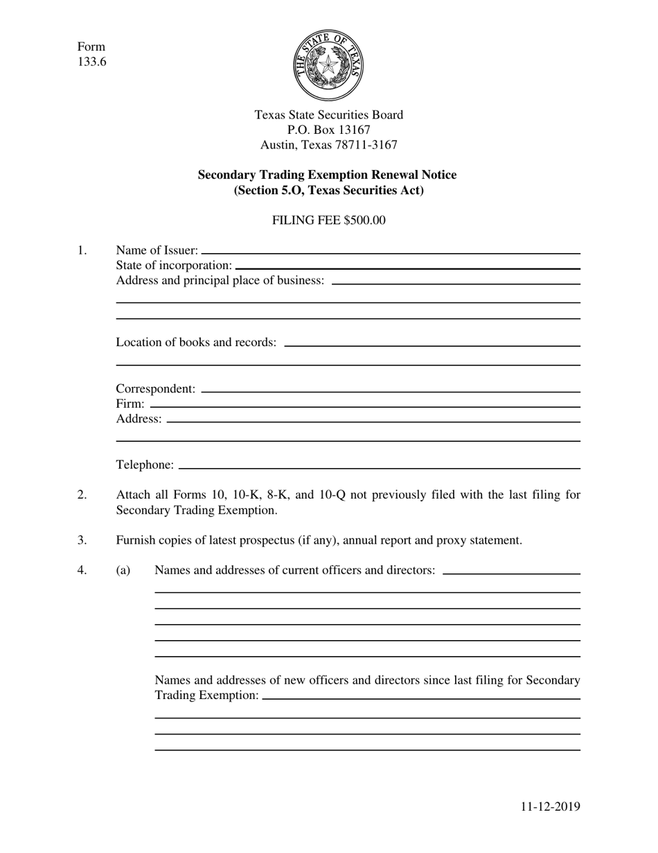 Form 133.6 Secondary Trading Exemption Renewal Notice - Texas, Page 1