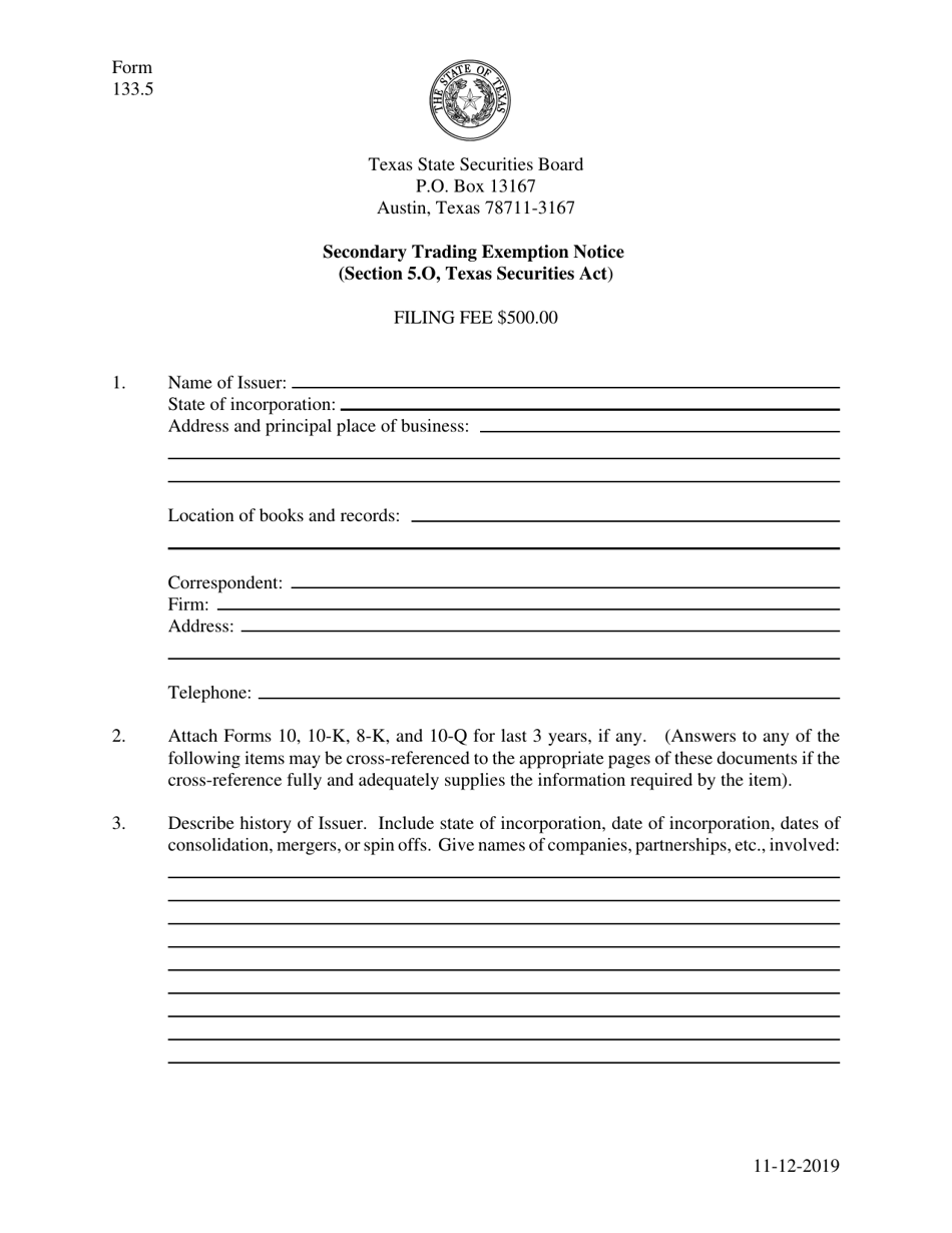 Form 133.5 Secondary Trading Exemption Notice - Texas, Page 1