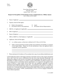 Document preview: Form 133.23 Request for Recognition of Out-of-State License or Registration by a Military Spouse - Texas