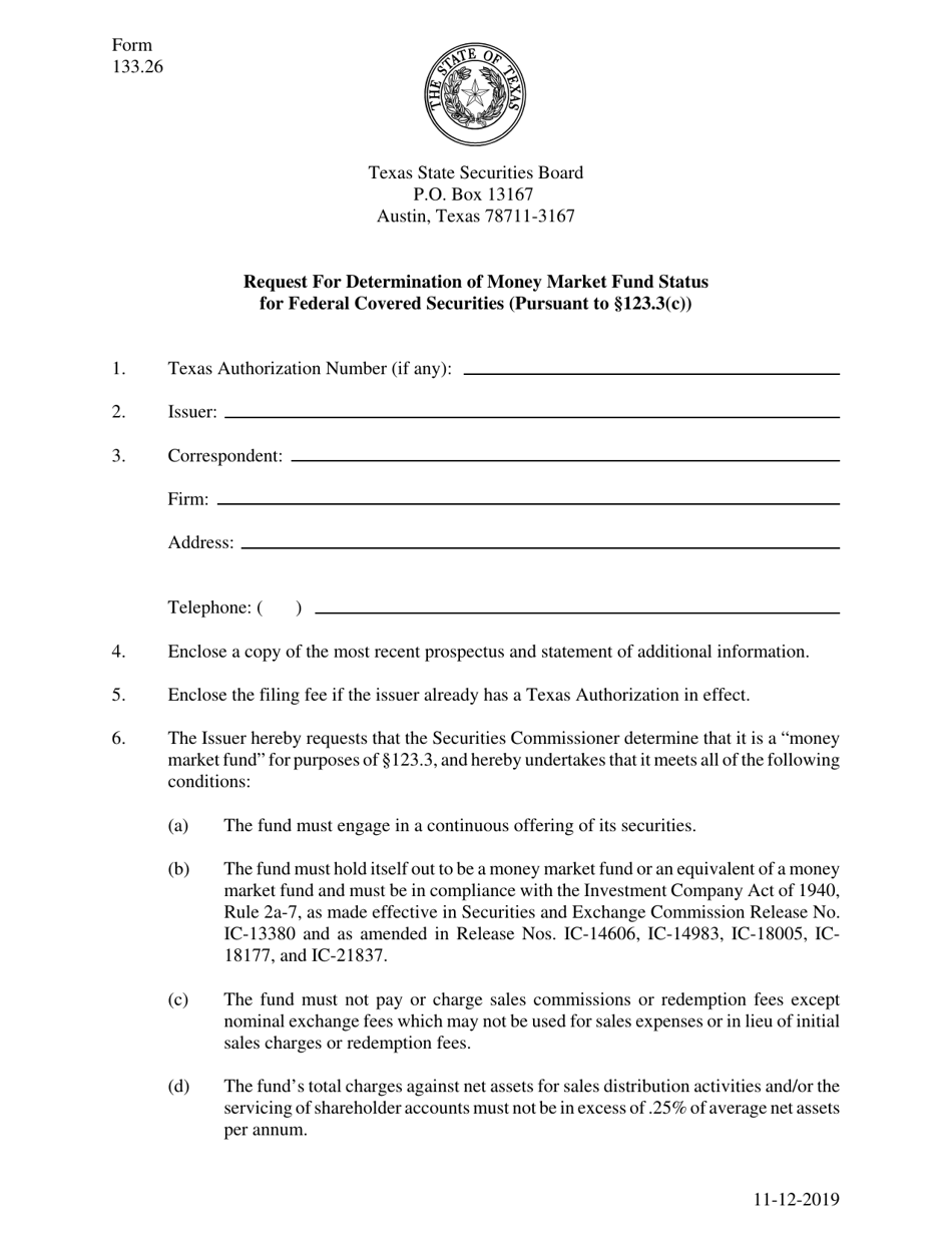 Form 133.26 Request for Determination of Money Market Fund Status for Federal Covered Securities (Pursuant to 123.3(C)) - Texas, Page 1