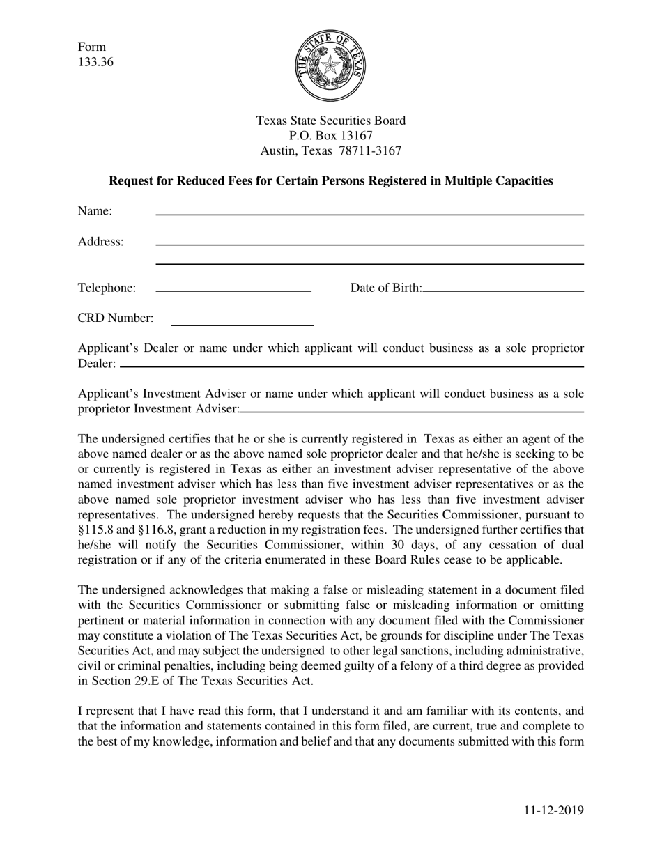 Form 133.36 Request for Reduced Fees for Certain Persons Registered in Multiple Capacities - Texas, Page 1