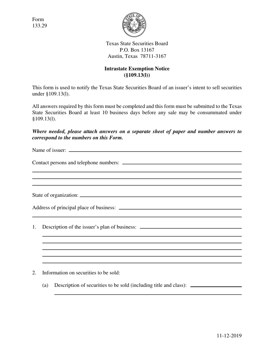 Form 133.29 Intrastate Exemption Notice (109.13(L)) - Texas, Page 1