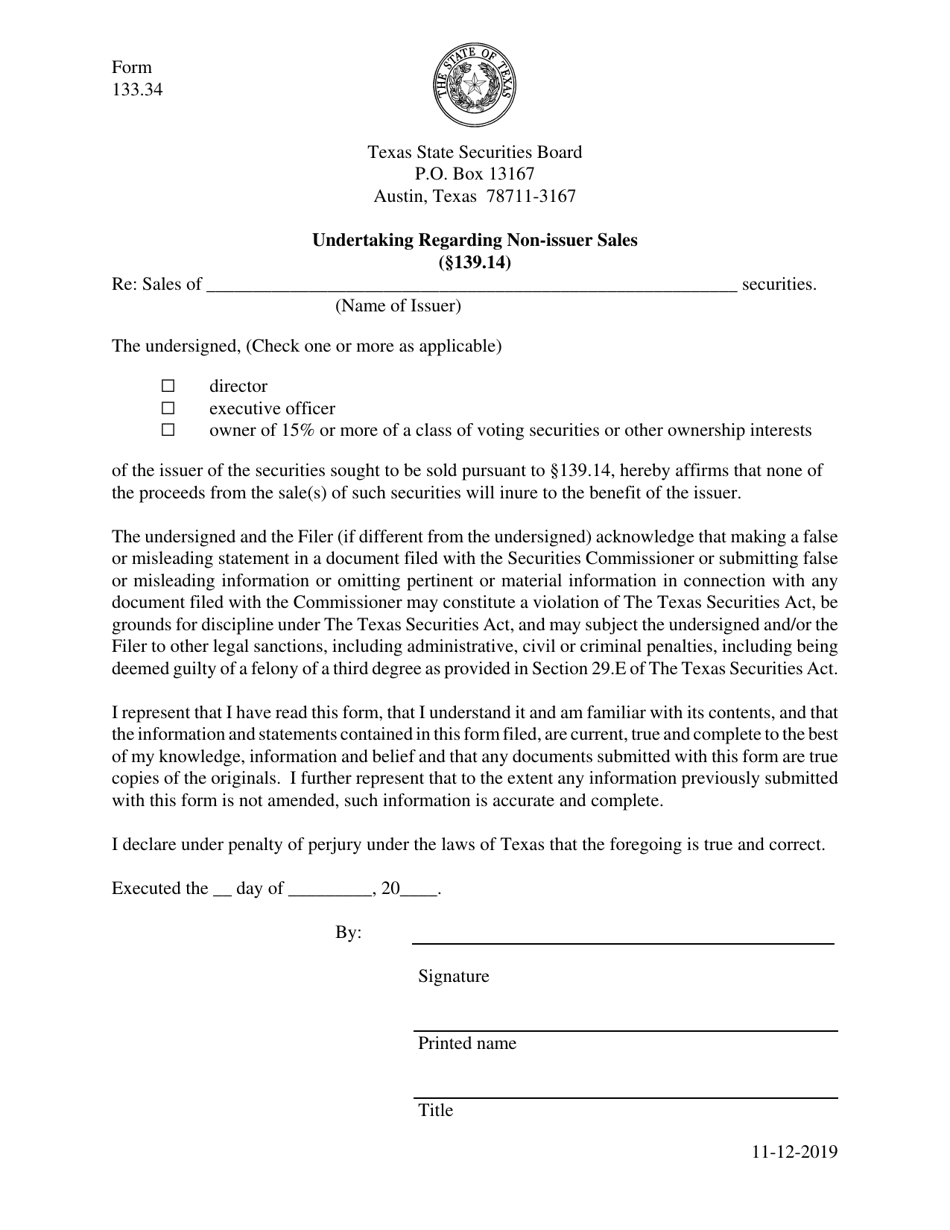 Form 133.34 Undertaking Regarding Non-issuer Sales - Texas, Page 1