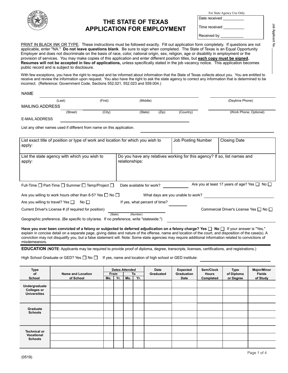 Application for Employment - Texas, Page 1