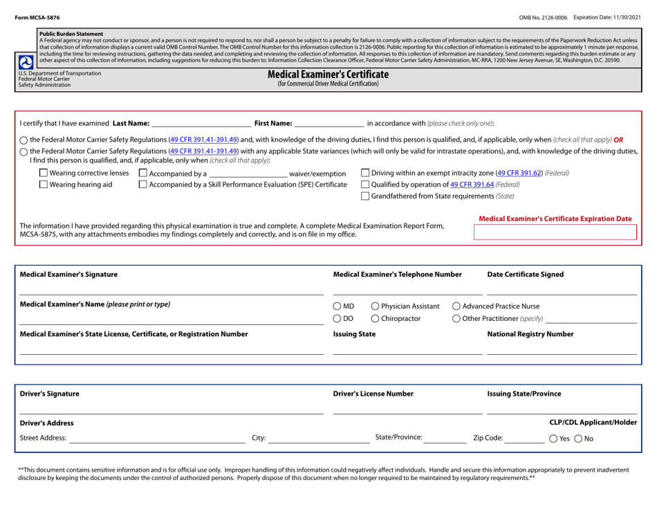 Form MCSA-5876 Medical Examiner's Certificate, Page 1