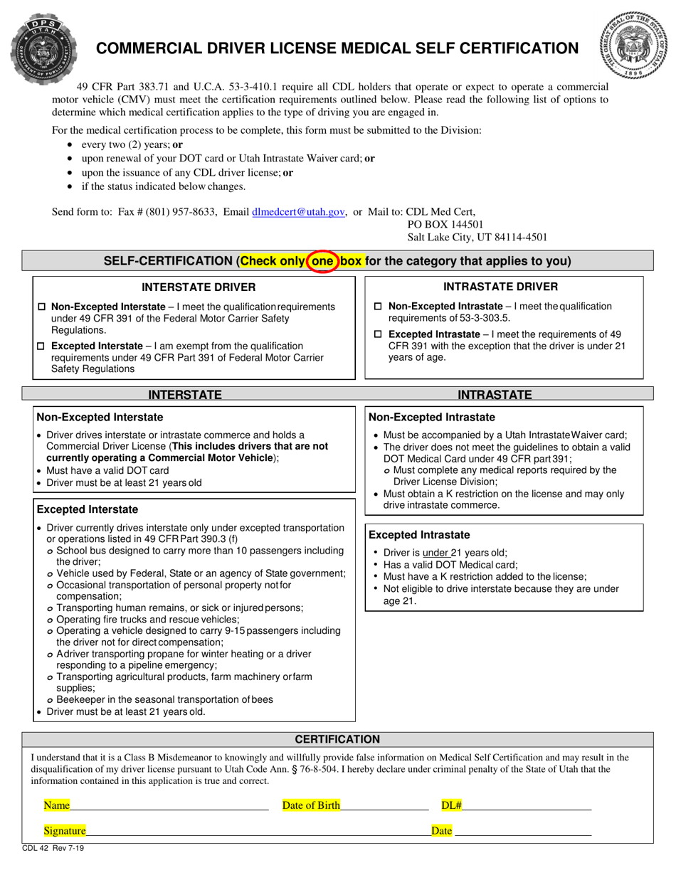 Form CDL42 Commercial Driver License Medical Self Certification - Utah, Page 1