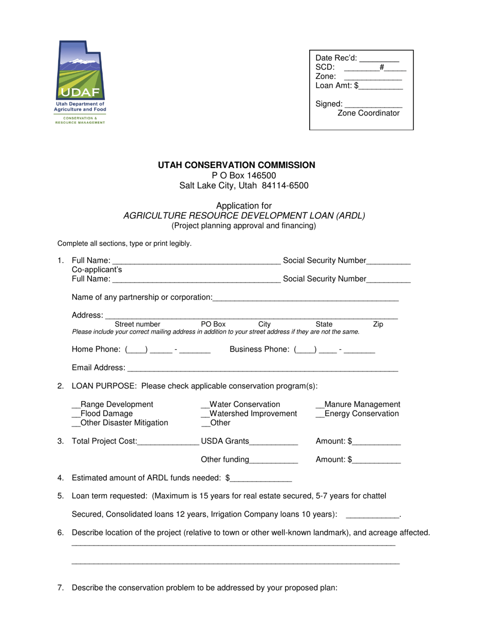 Utah Application for Agriculture Resource Development Loan (Ardl