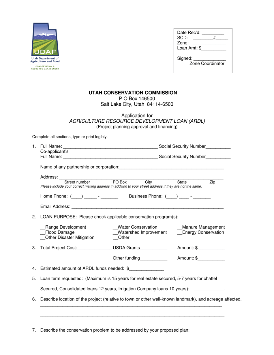 Application for Agriculture Resource Development Loan (Ardl) - Utah, Page 1