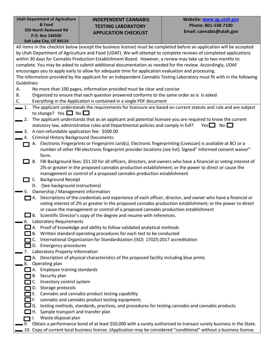 Independent Cannabis Testing Laboratory Application Checklist - Utah, Page 1