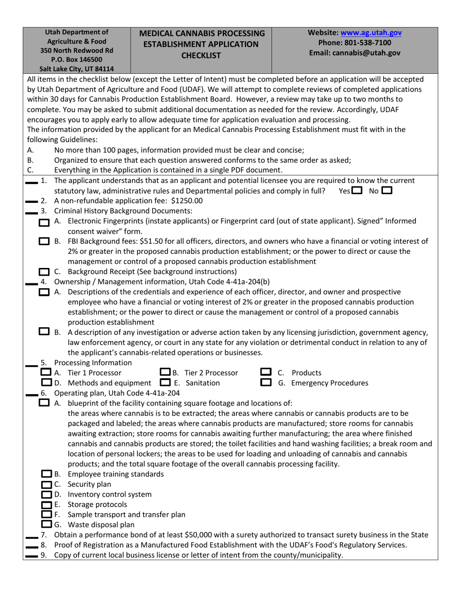 Medical Cannabis Processing Establishment Application Checklist - Utah, Page 1