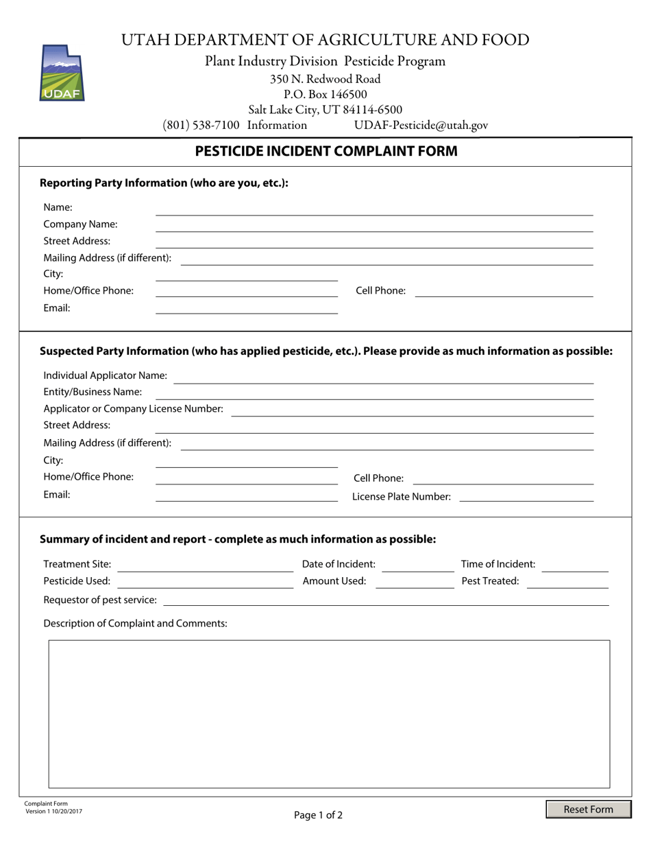 Utah Pesticide Incident Complaint Form Download Fillable PDF Sns-Brigh10