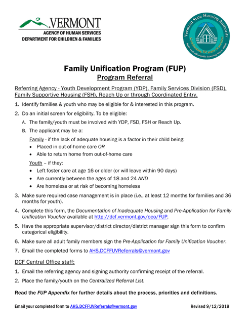 Family Unification Program Referral Form - Vermont Download Pdf