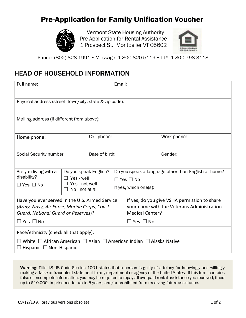 Pre-application for Family Unification Voucher - Vermont, Page 1