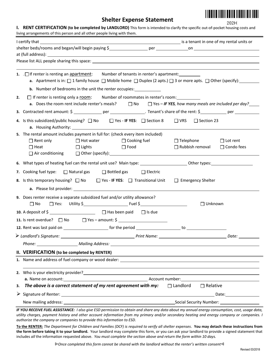 Form 202H Shelter Expense Statement - Vermont, Page 1