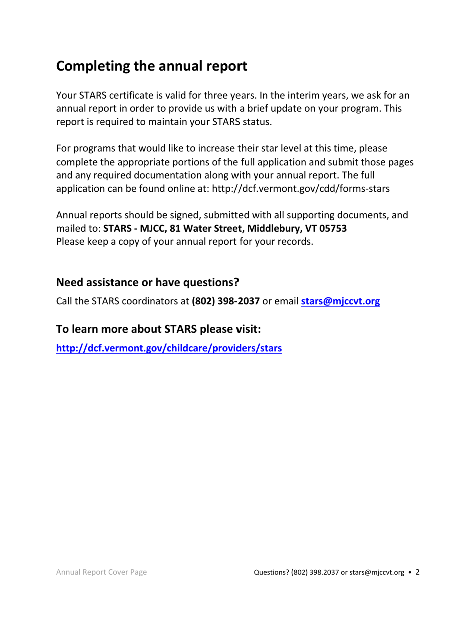 Stars Annual Report Form - Vermont, Page 2
