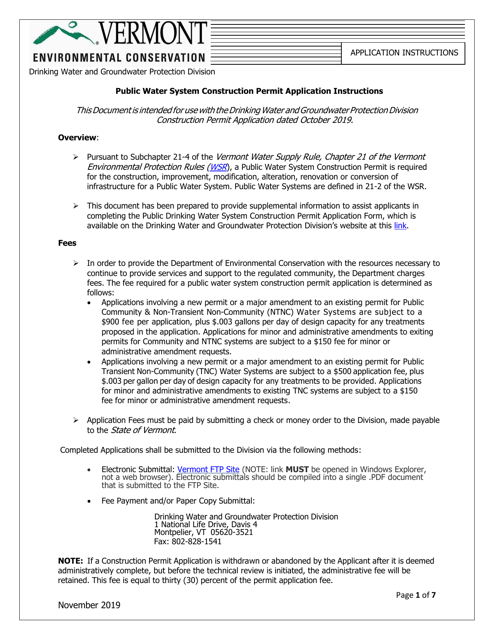 Instructions for Public Water System Construction Permit Application - Vermont