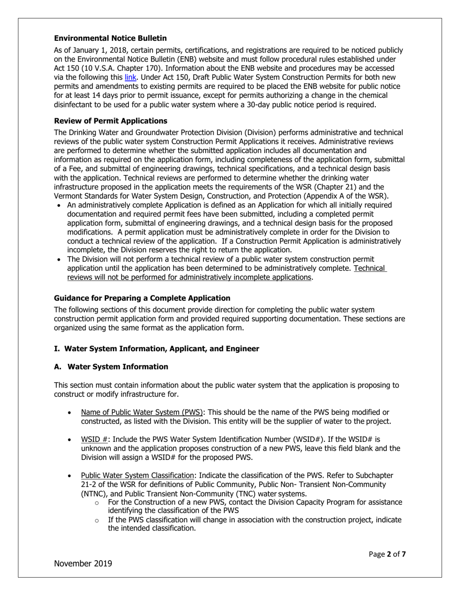 Instructions for Public Water System Construction Permit Application - Vermont, Page 2