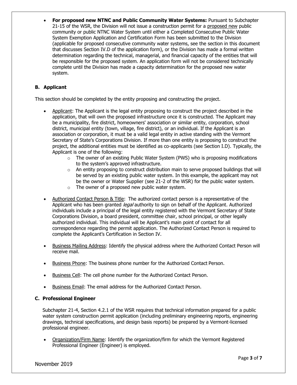 Instructions for Public Water System Construction Permit Application - Vermont, Page 3