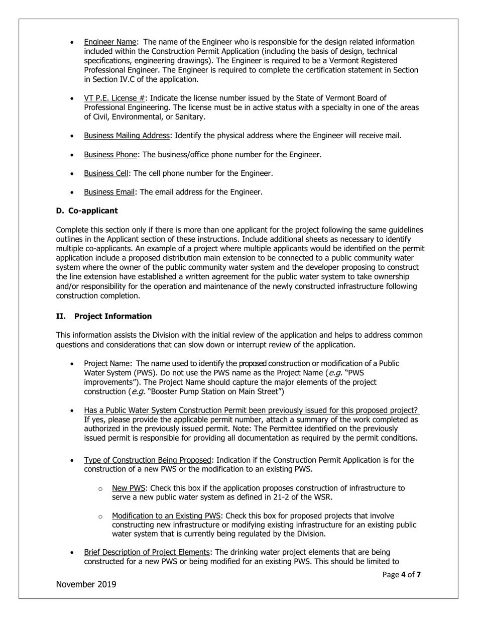 Instructions for Public Water System Construction Permit Application - Vermont, Page 4