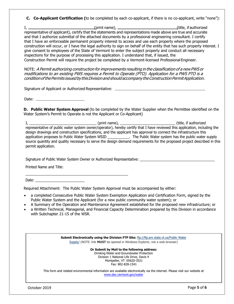 Application for a Public Water System Construction Permit - Vermont, Page 5