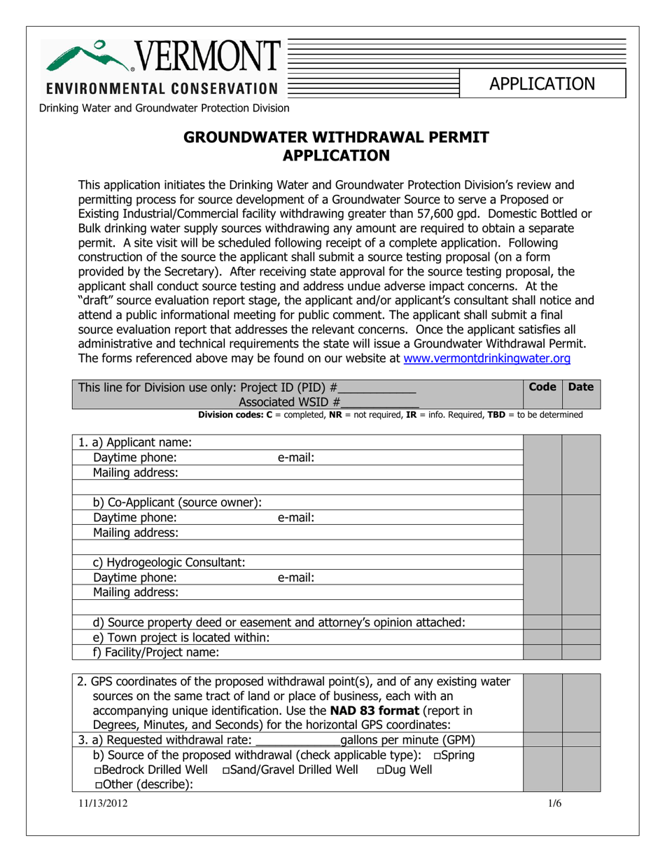 Groundwater Withdrawal Permit Application - Vermont, Page 1