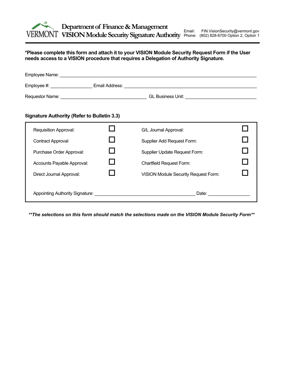 Vision Module Security Signature Authority Form - Vermont, Page 1