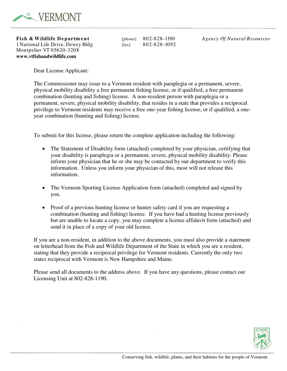 Statement of Disability to Qualify for a Paraplegic or Mobility Disability Free Permanent License - Vermont, Page 1