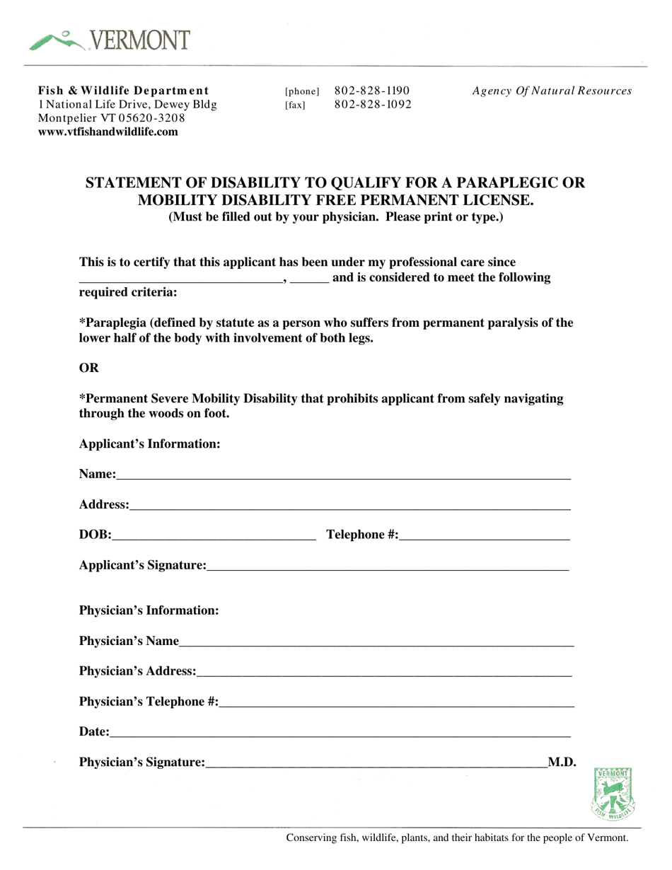 Statement of Disability to Qualify for a Paraplegic or Mobility Disability Free Permanent License - Vermont, Page 2
