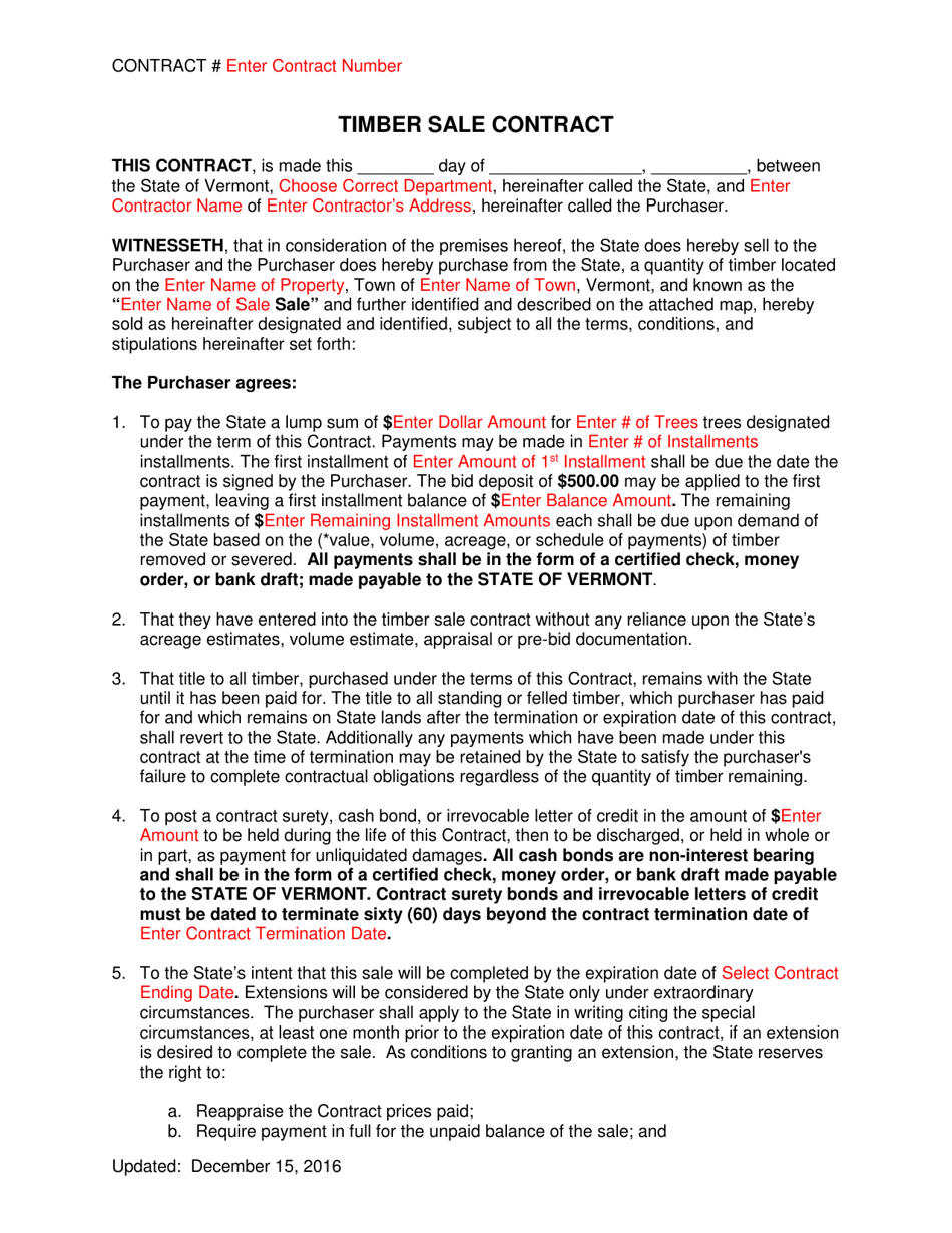 Timber Sale Contract Template - Vermont, Page 1