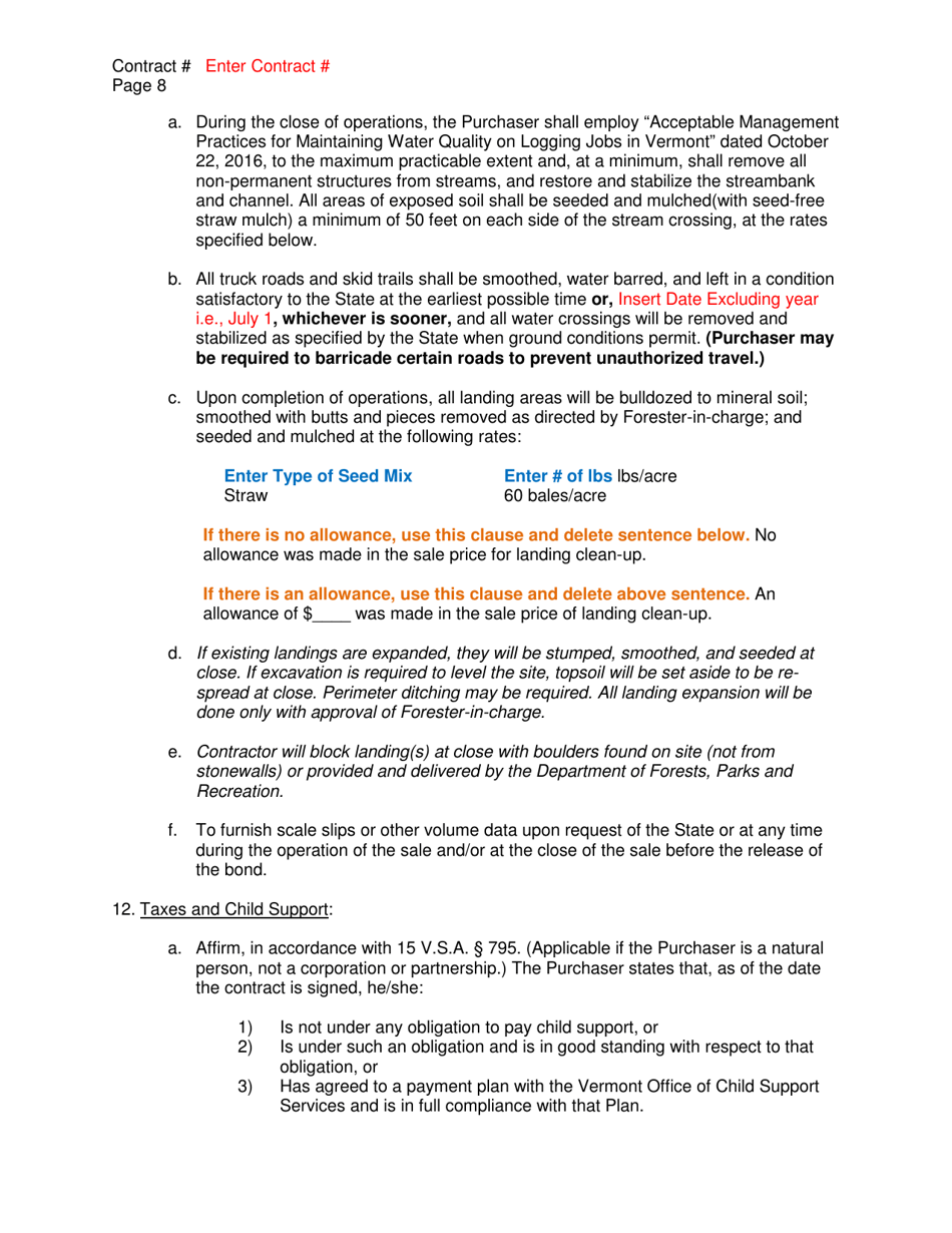 Timber Sale Contract Template - Vermont, Page 8