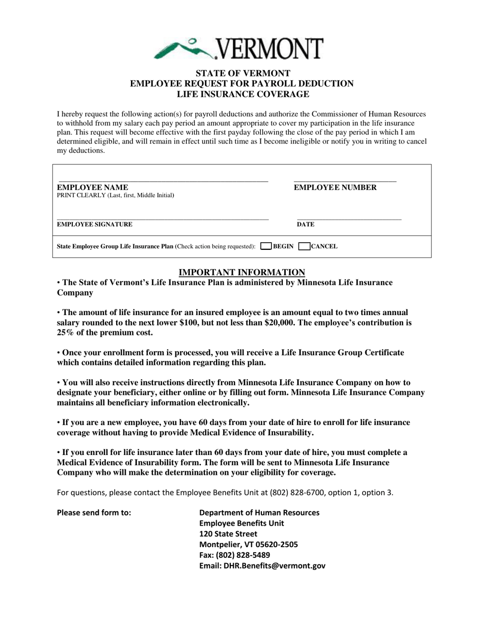 Vermont Employee Request for Payroll Deduction Life