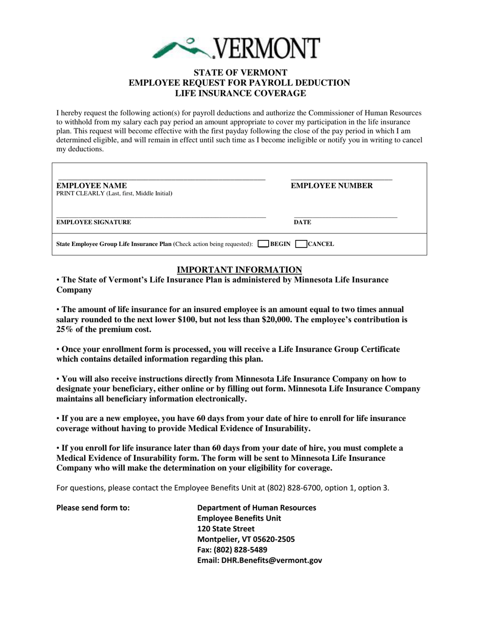 Employee Request for Payroll Deduction Life Insurance Coverage - Vermont, Page 1