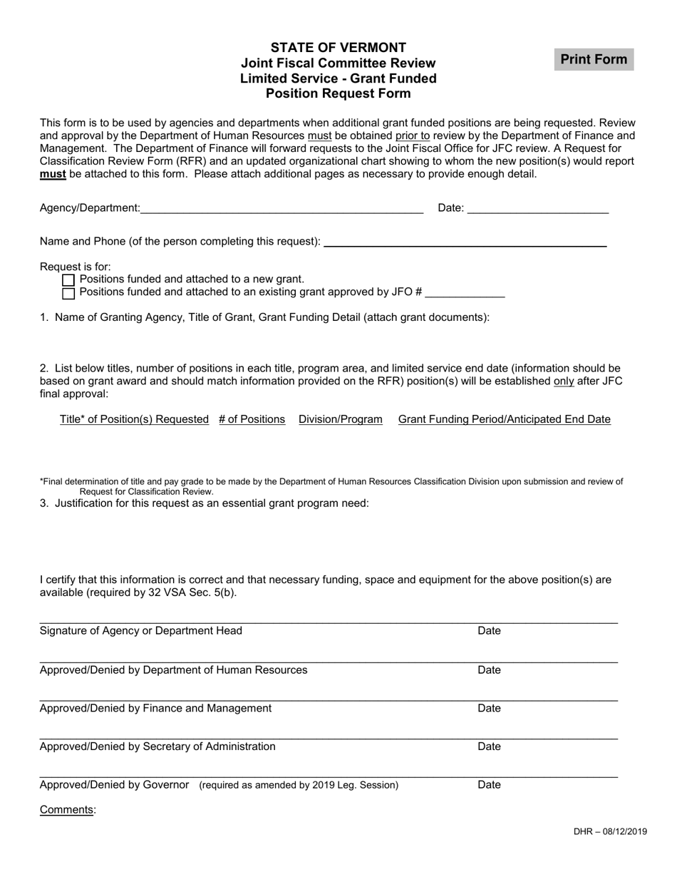 Joint Fiscal Committee Review Limited Service - Grant Funded Position Request Form - Vermont, Page 1