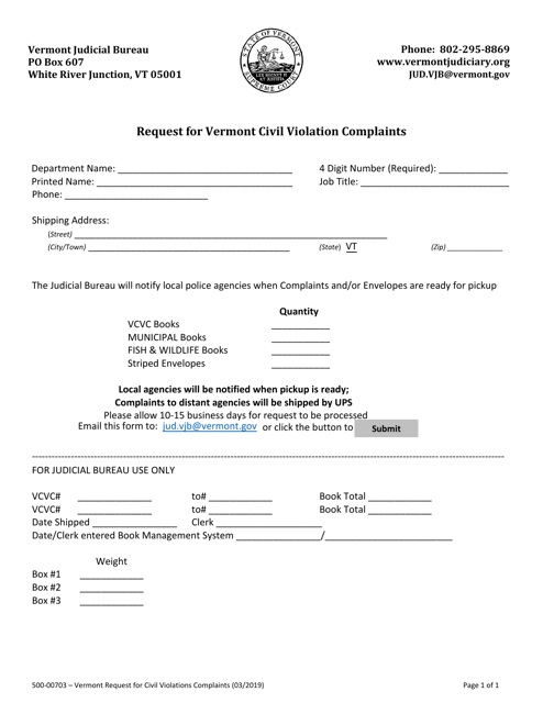 Form 500-00703 Request for Vermont Civil Violation Complaints - Vermont