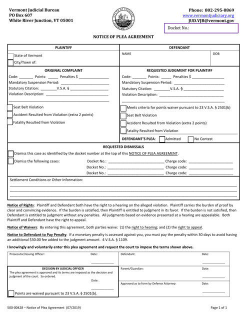 Form 500-00428 Notice of Plea Agreement - Vermont