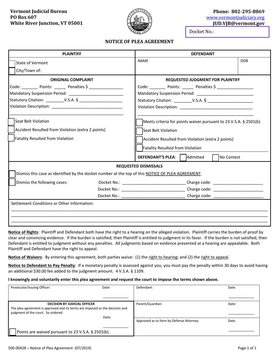 Form 500-00428 Notice of Plea Agreement - Vermont, Page 1