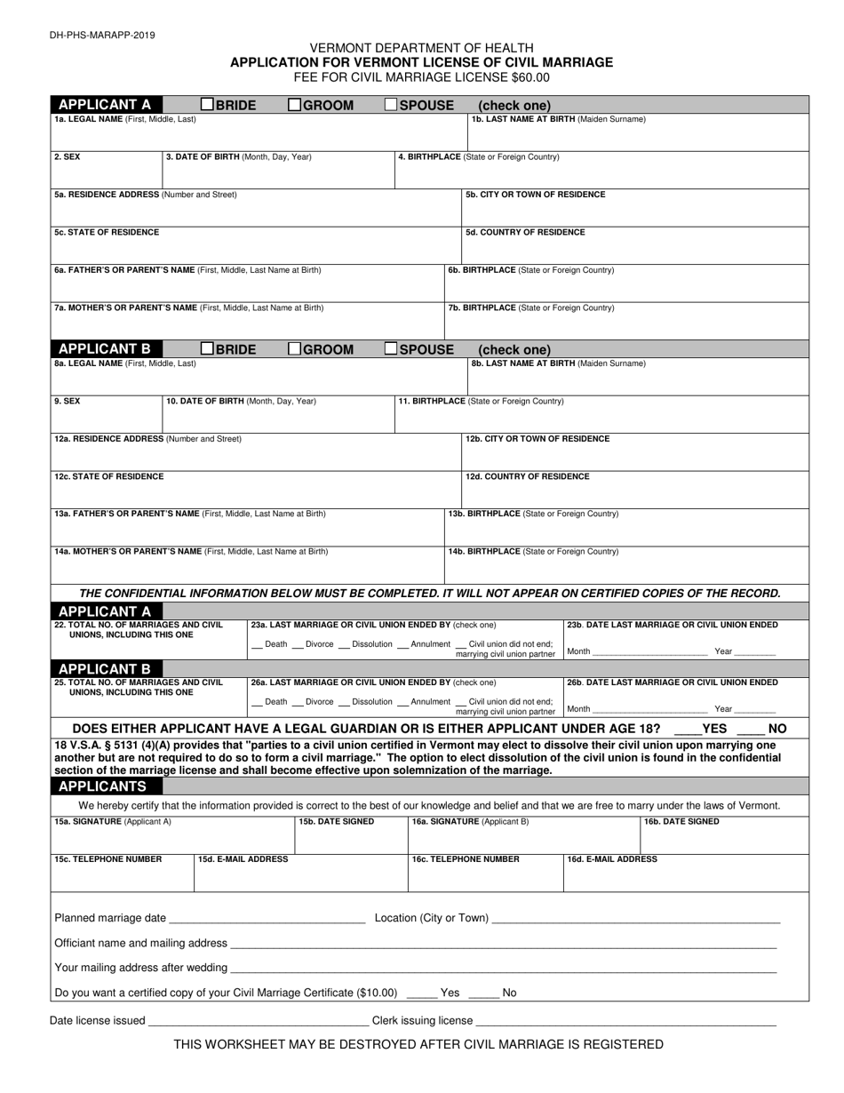 Application for Vermont License of Civil Marriage - Vermont, Page 1