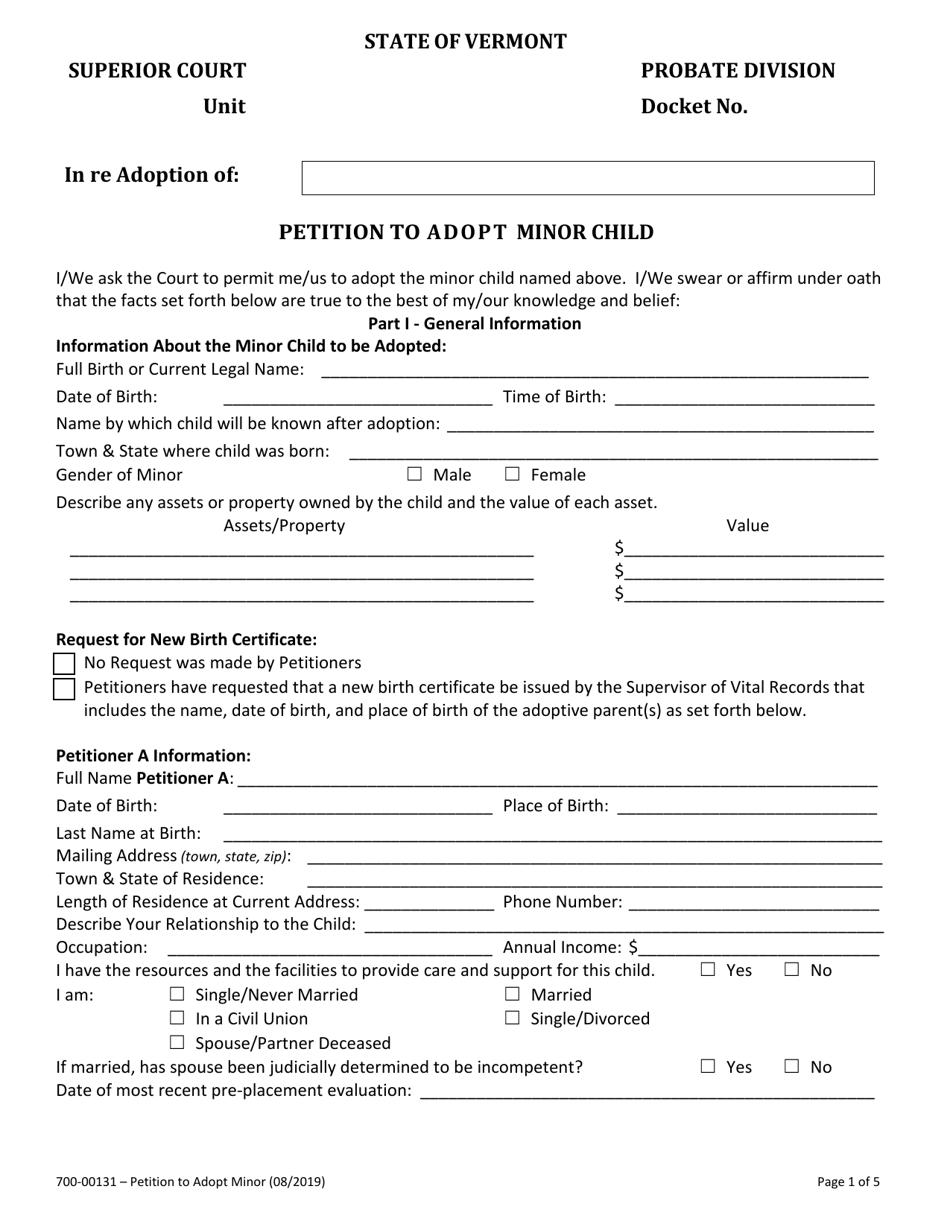 Form 700-00131 Petition to Adopt Minor Child - Vermont, Page 1