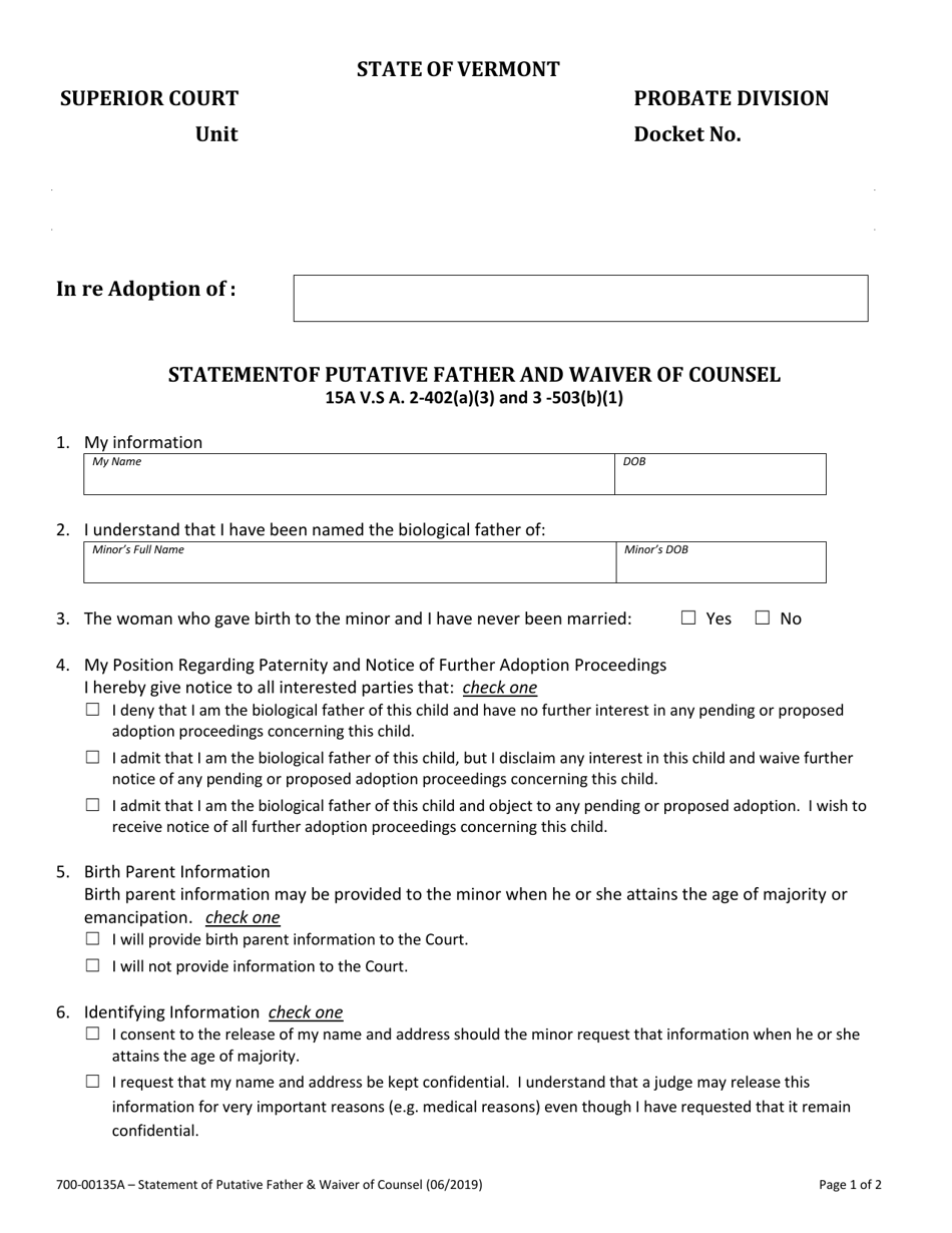 Form 700-00135A Statementof Putative Father and Waiver of Counsel - Vermont, Page 1