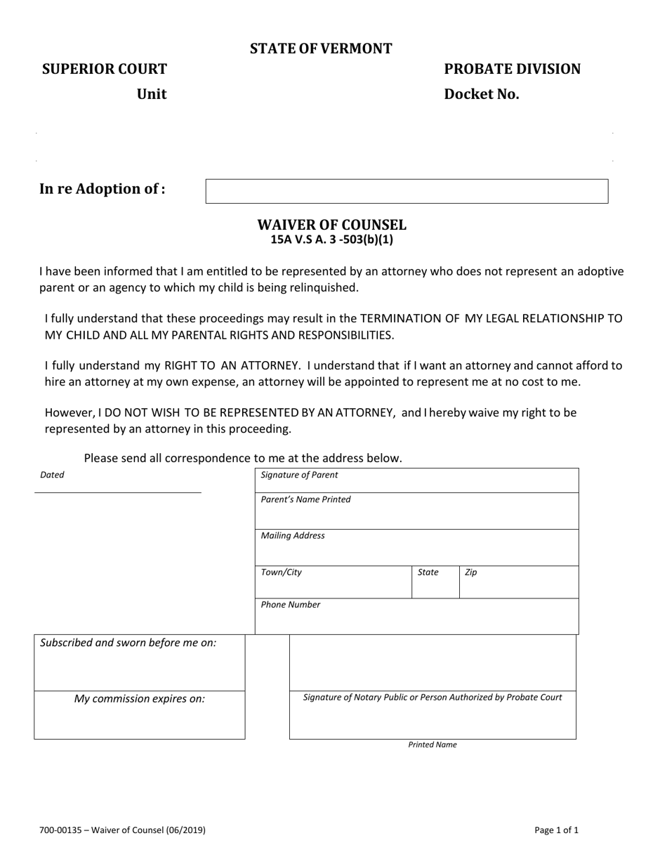 Form 700-00135 Waiver of Counsel - Vermont, Page 1