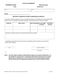 Document preview: Form 600-00034 Motion to Resolve Court Scheduling Conflict - Vermont