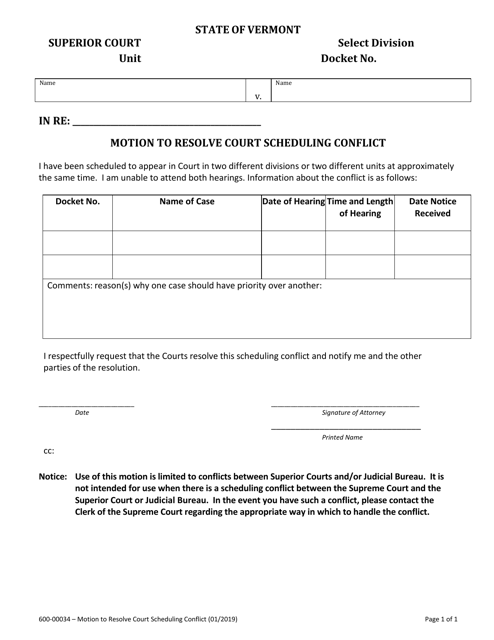 Form 600-00034 Motion to Resolve Court Scheduling Conflict - Vermont