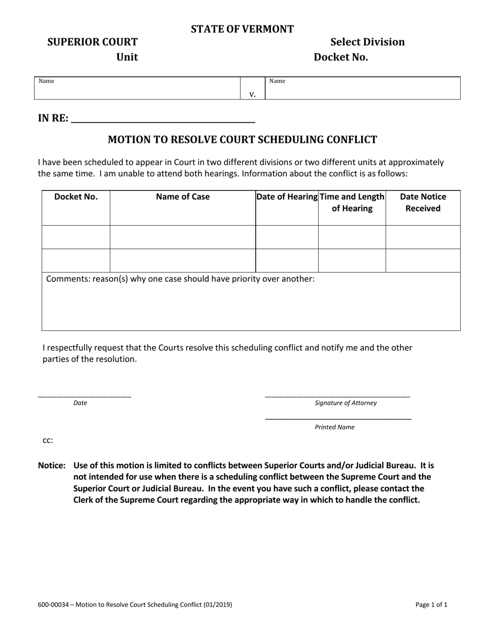 Form 600-00034 Motion to Resolve Court Scheduling Conflict - Vermont, Page 1