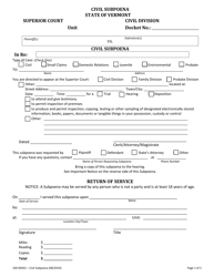 Document preview: Form 100-00501 Civil Subpoena - Vermont