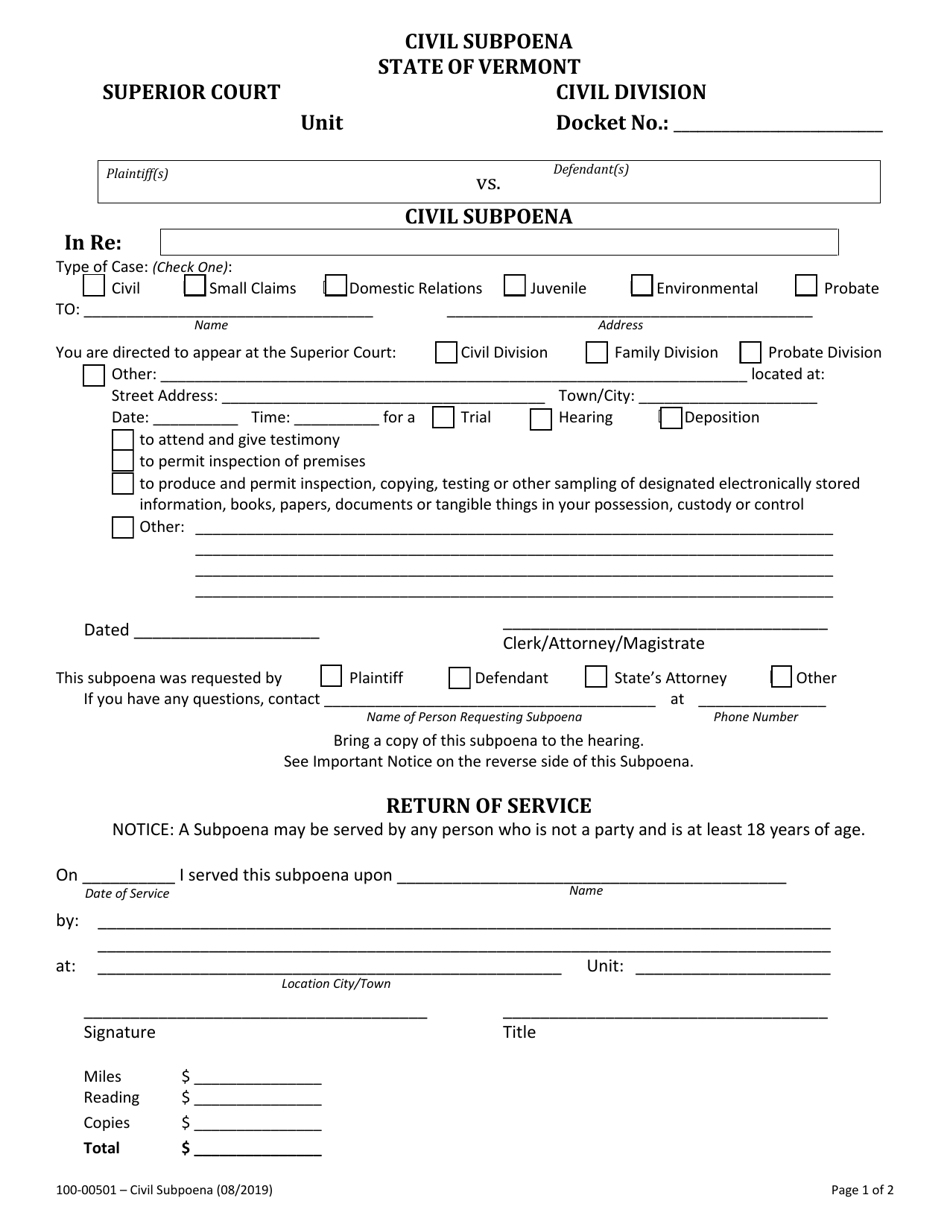 Form 100-00501 Civil Subpoena - Vermont, Page 1