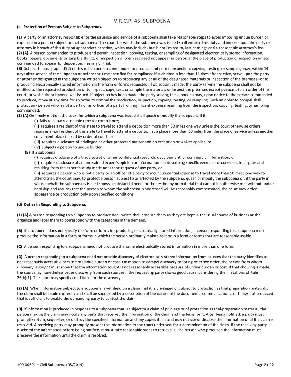 Form 100-00501 Civil Subpoena - Vermont, Page 2