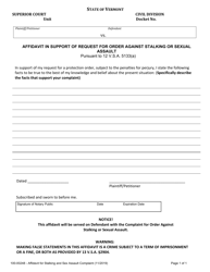 Document preview: Form 100-00248 Affidavit in Support of Request for Order Against Stalking or Sexual Assault - Vermont