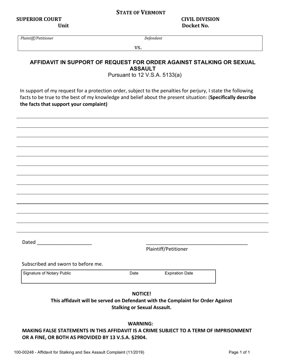 Form 100-00248 Affidavit in Support of Request for Order Against Stalking or Sexual Assault - Vermont, Page 1